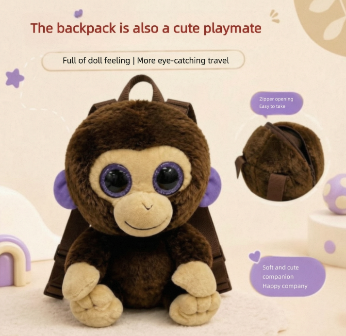 HOHO MONKEY Dark Brown Monkey Backpacks, Purple Ears & Shiny Eyes Plush Doll Bag, Cute Kids Mini School Bag