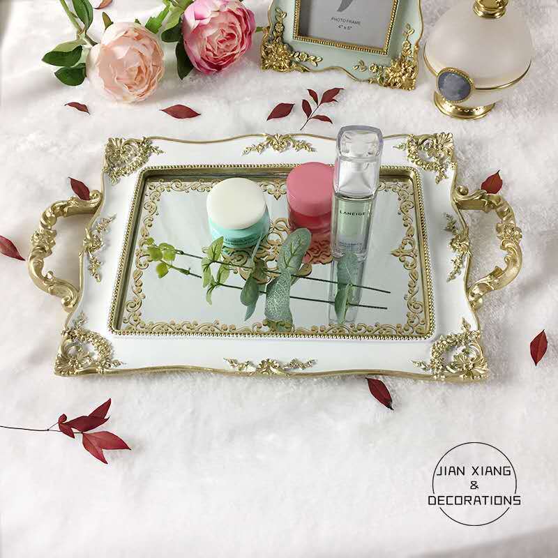 HOHO MONKEY European Vintage Serving Trays, Luxury Palace Style Mirror Tray, Aesthetic Home Decor for Living Room & Jewelry Display